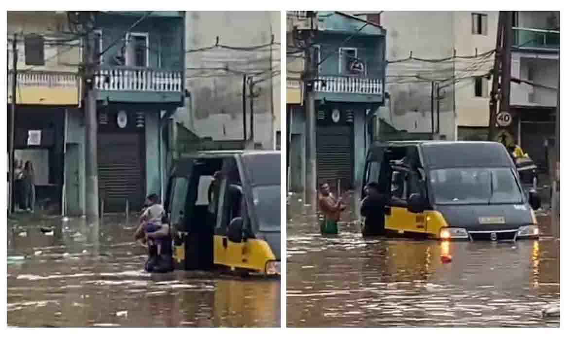 Crianças são resgatadas em Van escolar na chuva em Guarulhos